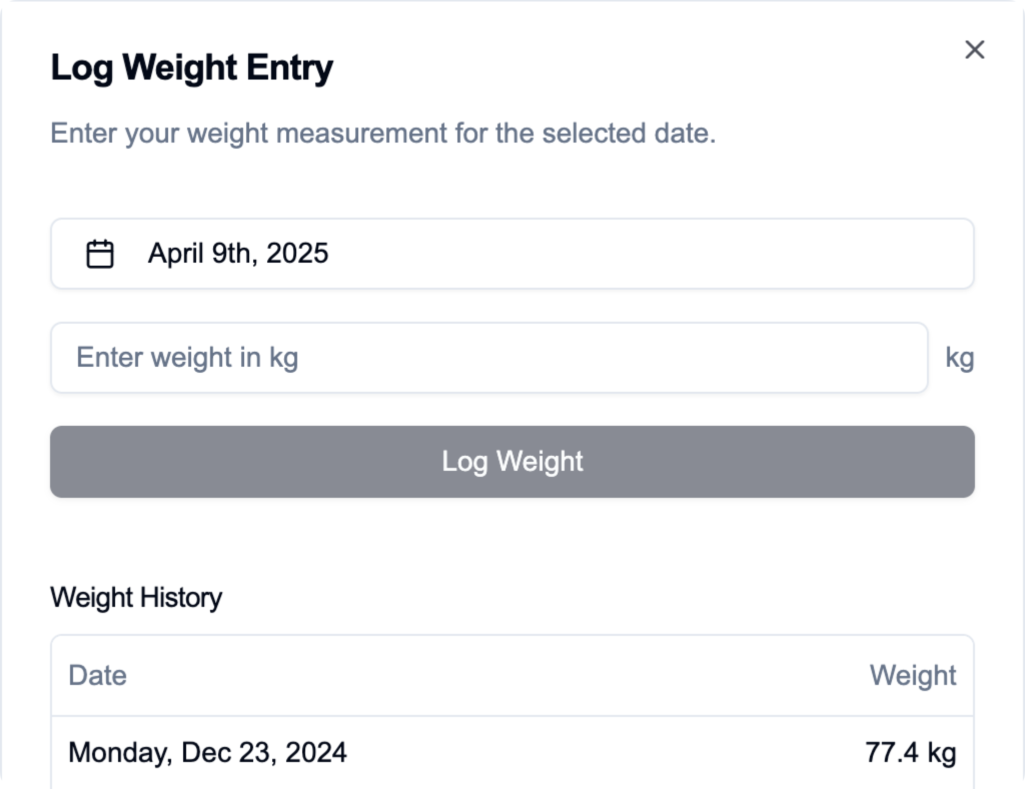 Daily weight entry screen in MA Weight app