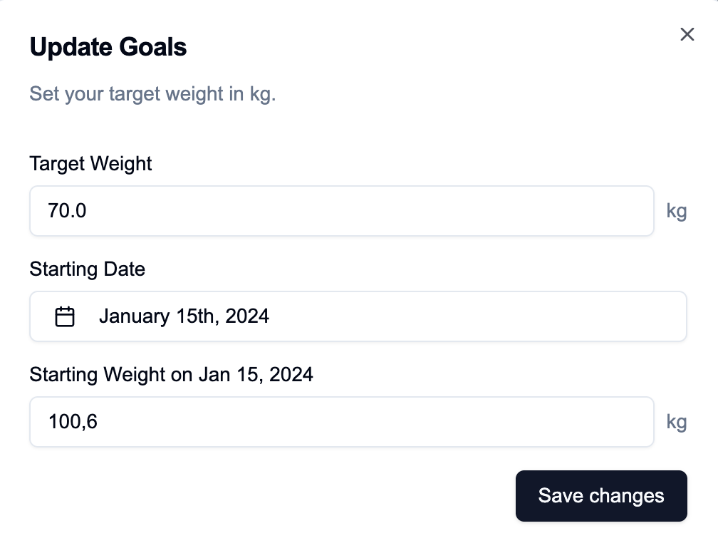 Set weight loss goals in MA Weight tracker app with trend view